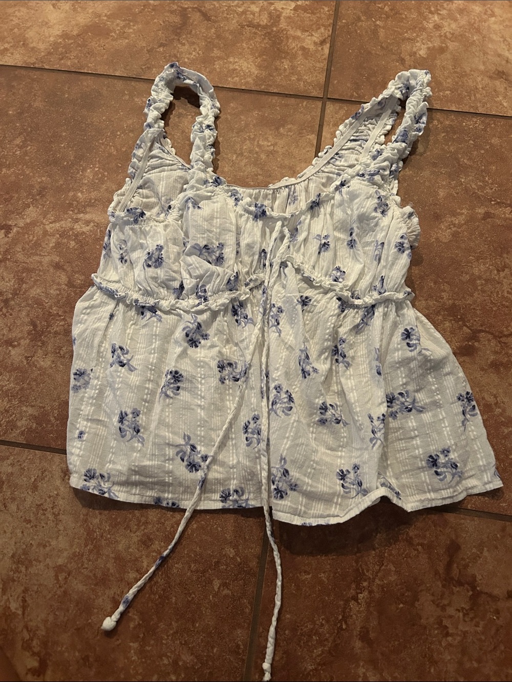 White and Blue Floral Ruffle Tank Top - Lightweight Women's Summer Top
